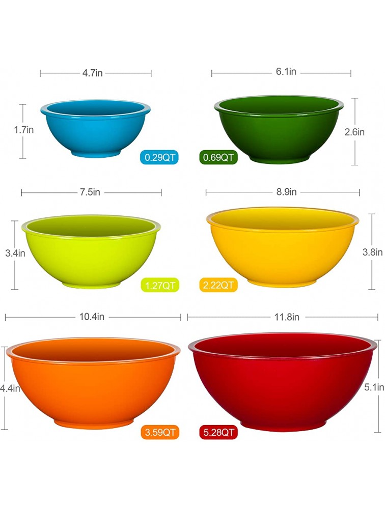 YIHONG 6 Pcs Plastic Mixing Bowls Set Colorful Serving Bowls for Kitchen Ideal for Baking Prepping Cooking and Serving Food Nesting Bowls for Space Saving Storage Rainbow - BVOOFNPC8