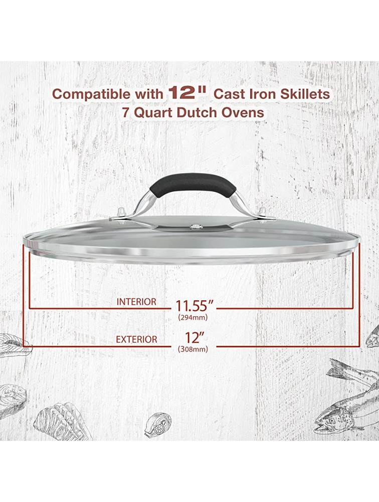 WishDirect 12 Inch Tempered Glass Pot Lid Compatible with 12” Lodge Cast Iron Skillets and 7 Quart Dutch Ovens Designed with Steam Vent Hole and Heat Resistant Handle - BFCICW344