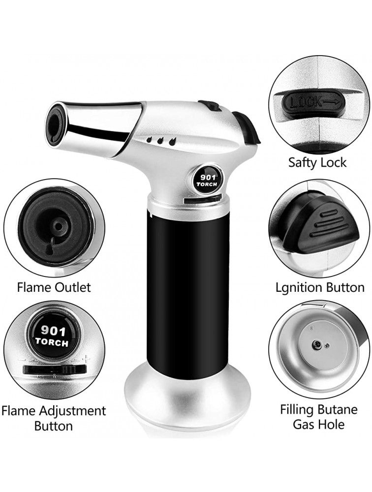 Blovec Butane Torch Kitchen Blow Torch Cooking Torch Lighter Refillable with Security Lock and Adjustable Flame for Creme Brulee Baking BBQ DIY Soldering Butane Gas Not Included Silver - BKTKQ4O9D