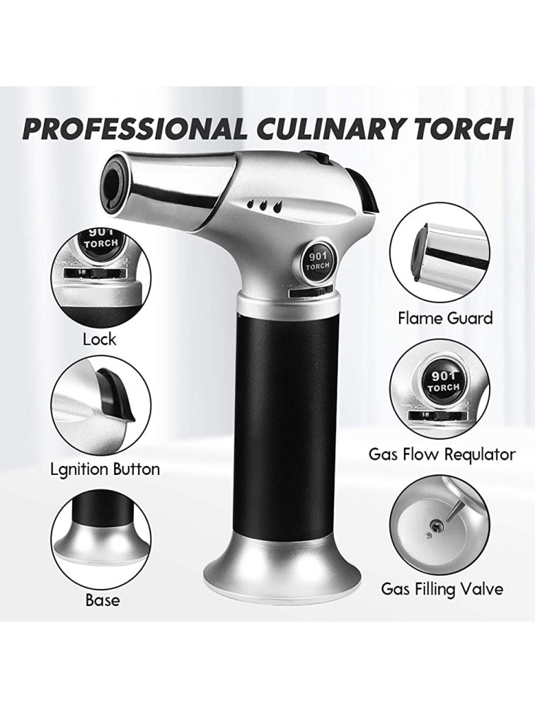 Butane Torch Cooking Torch Refillable Culinary Torch with Safety Lock Adjustable Flame Mini Blow Torch Lighter for Crafts Cooking BBQ Baking Brulee Creme Christmas Gift Silver - B23U7780S