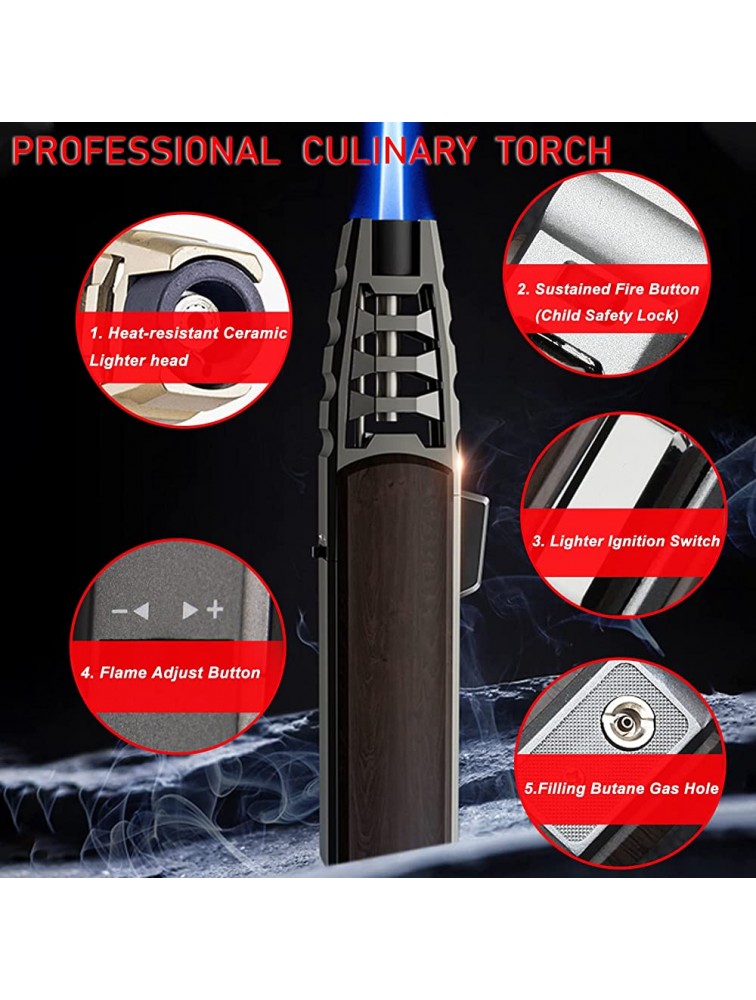 Butane Torch Lighter Refillable Kitchen Culinary Cooking Blow Torch with Safety Lock Windproof Adjustable Jet Flame Lighter for Creme Brulee BBQ Baking Cigar Camping Mens Gifts Without Gas - B5LRVVTVN