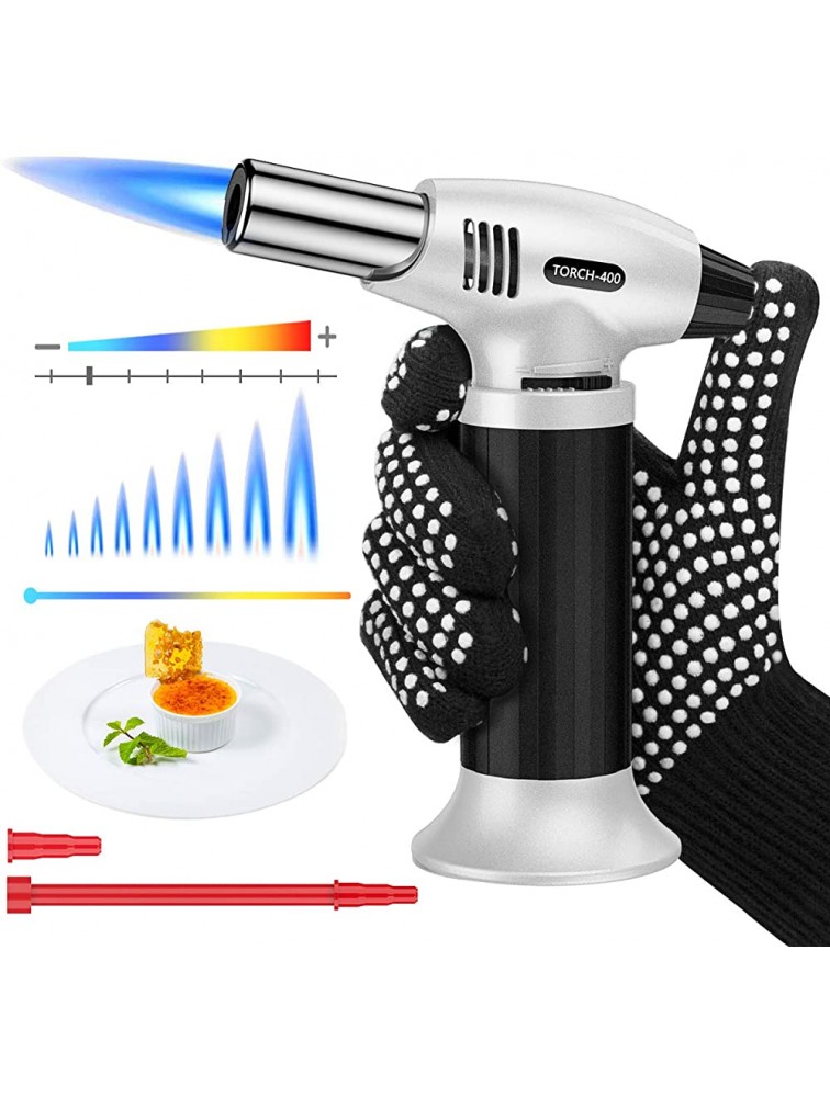 Peakally Butane Torch Lighter,Kitchen Culinary Torch with Adjustable Flame&Safety Lock.Easy Use Refill dab torch with Tool& Anti-heating Glove,Best For Creme Brulee,Cooking and MoreGas Not Included - BO9H8U2I7