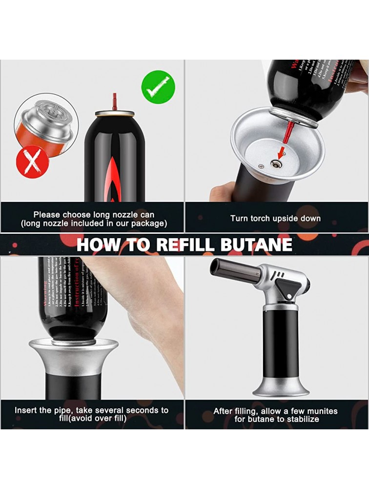 PILOTDIARY Cooking Torch Refillable Kitchen Blow Torch Culinary Baking Torch For Professional Adjustable Flame with Safety Lock & FREE Butane Can Adaptor For BBQ Baking Crafts sliver - BKQVUF4YQ