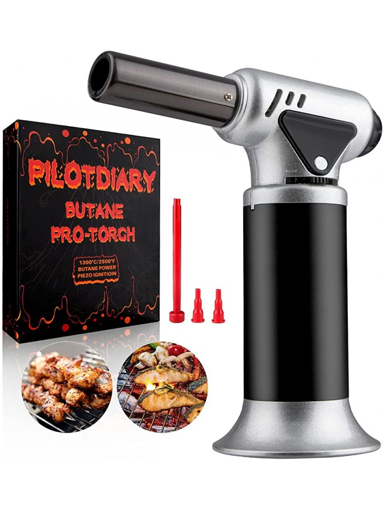 PILOTDIARY Cooking Torch Refillable Kitchen Blow Torch Culinary Baking Torch For Professional Adjustable Flame with Safety Lock & FREE Butane Can Adaptor For BBQ Baking Crafts sliver - BKQVUF4YQ