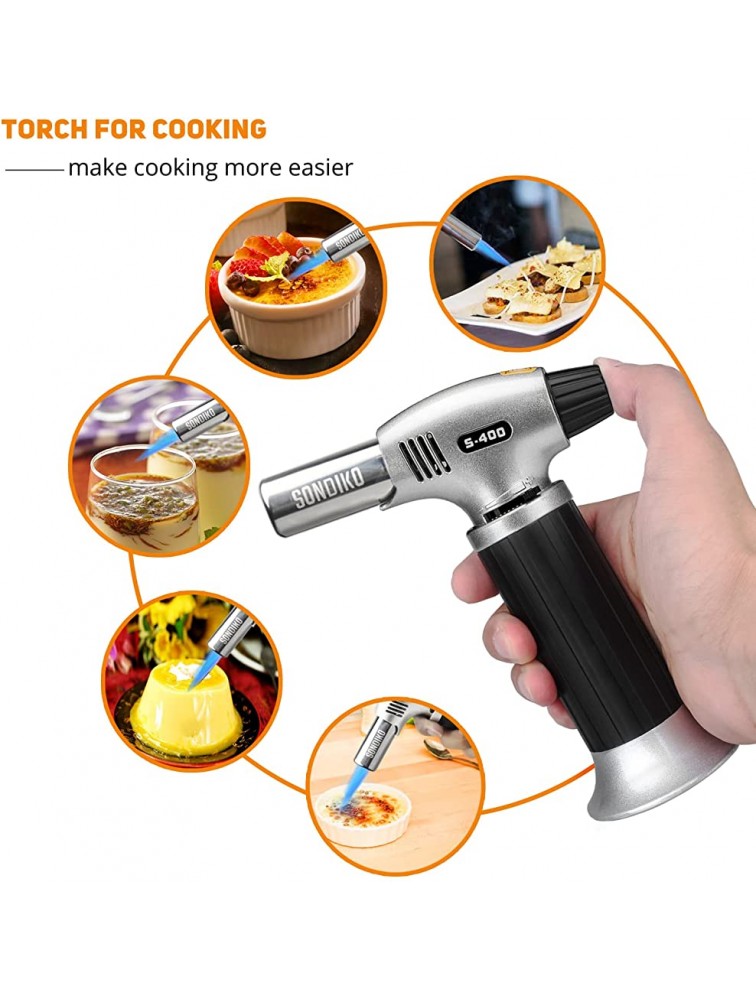 Sondiko Butane Torch Refillable Kitchen Torch Lighter Fit All Butane Tanks Blow Torch with Safety Lock and Adjustable Flame for Desserts Creme Brulee BBQ and Baking—Butane Gas Is Not Included - BN0640SCQ