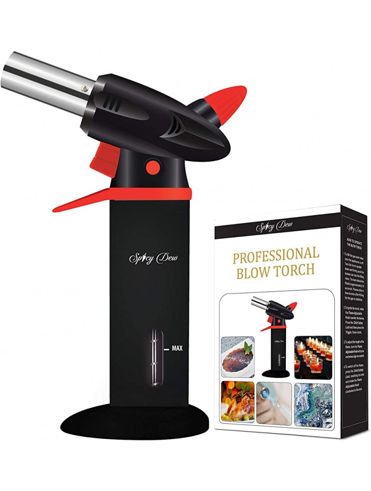 Spicy Dew Blow Torch Creme Brulee Torch Refillable Professional Chefs Culinary Kitchen Torch with Safety Lock and Adjustable Flame Butane Torch with Fuel Gauge Cooking Food Torch Black - B6N24M6AK