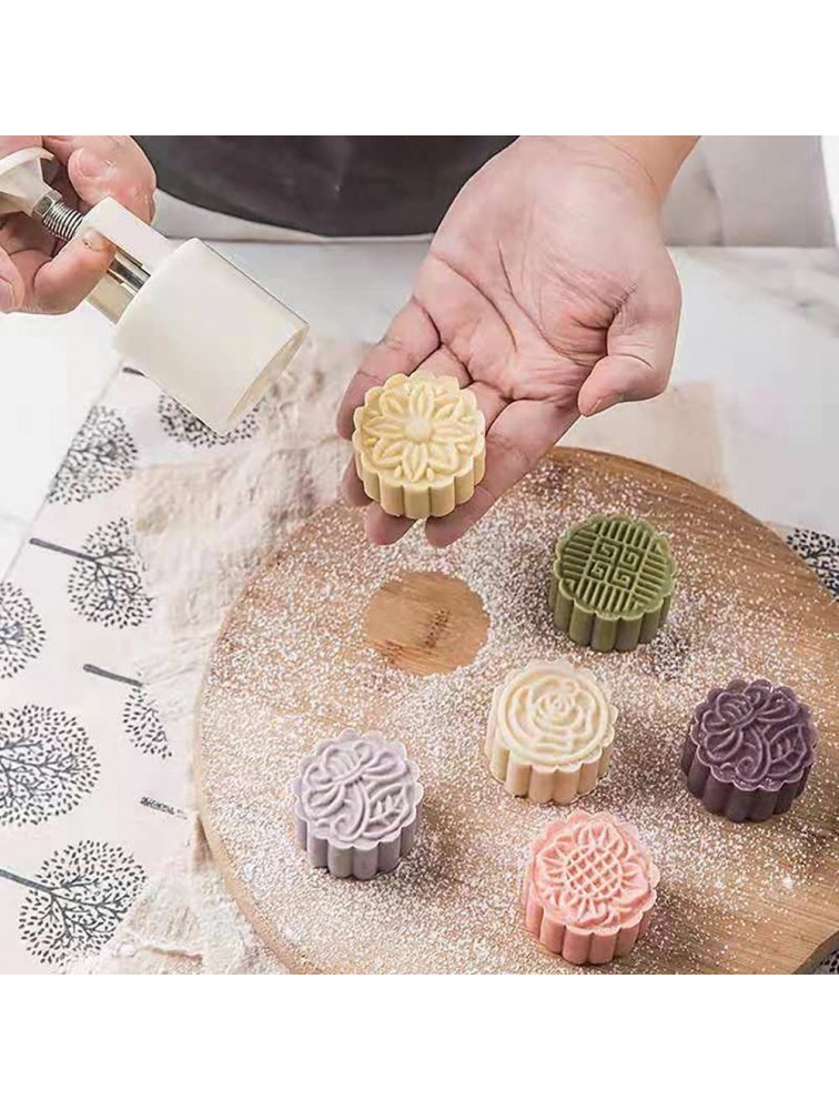 Moon Cake Mold 8 PCS Mid Autumn Festival DIY Hand Press Cookie Stamps Pastry Tool Moon Cake Maker Flower Car Patterns 1 Mold 6 Stamps 50g White. - B6UFRM4DR