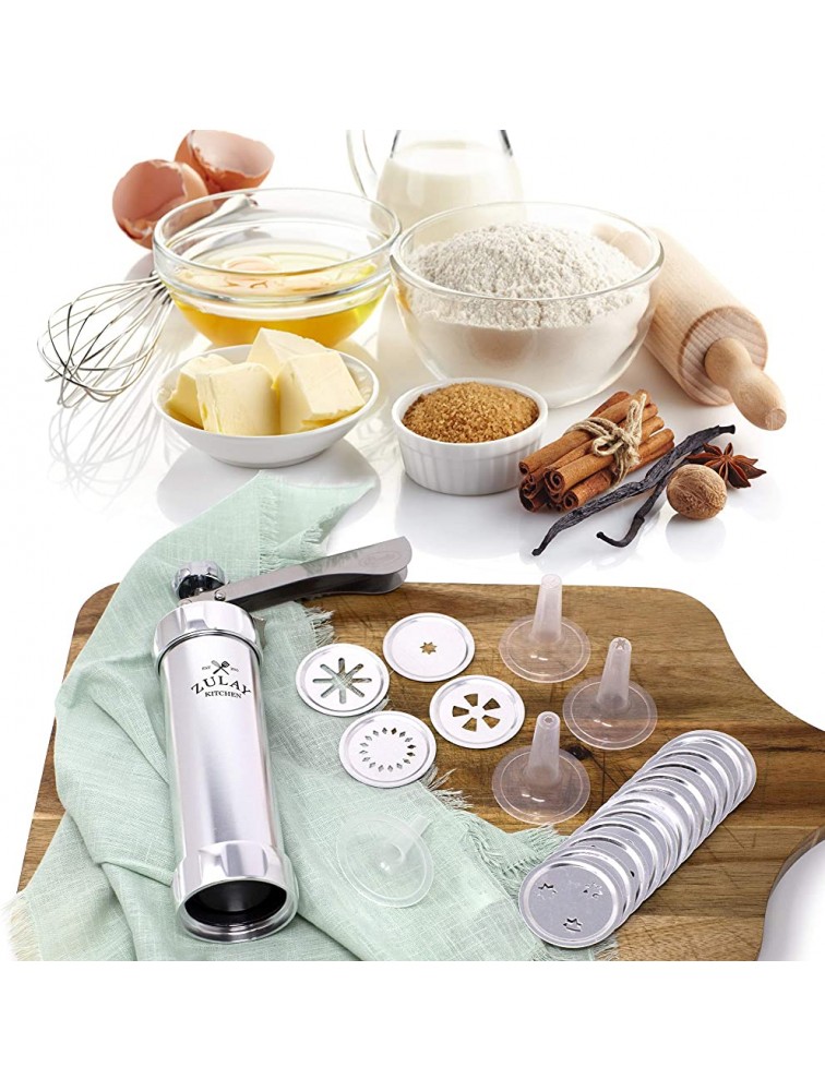 Classic Cookie Press Featuring 20 Decorative Stencil Discs and 4 Icing Tips Deluxe Spritz Cookie Press Gun Biscuit and Churro Maker Durable & Easy to Use By Zulay Kitchen - BKY101AAN