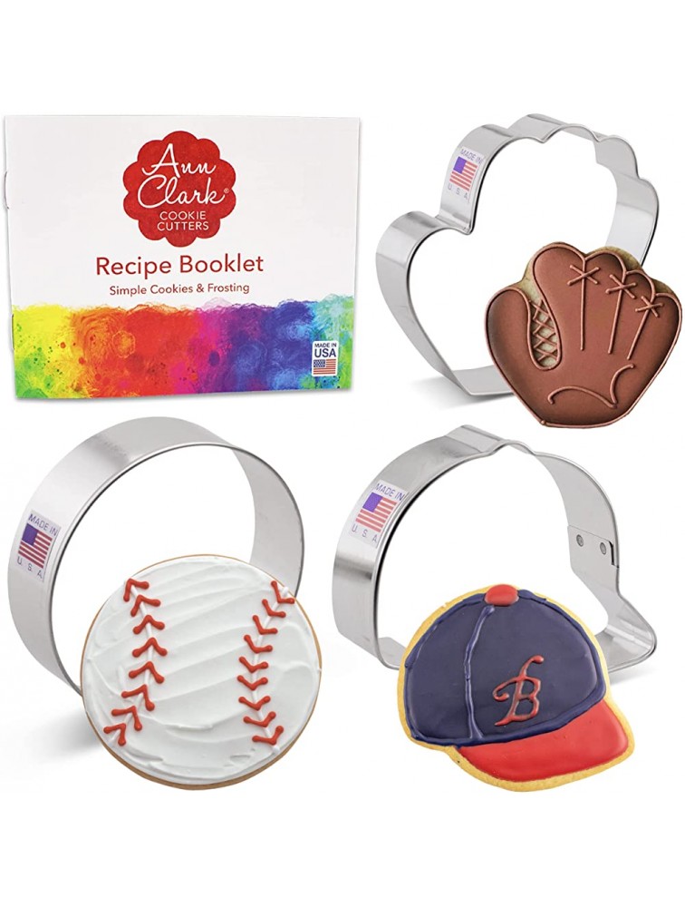Ann Clark Cookie Cutters 3-Piece Baseball Cookie Cutter Set with Recipe Booklet Baseball Glove Baseball Hat Baseball - B2359TL87