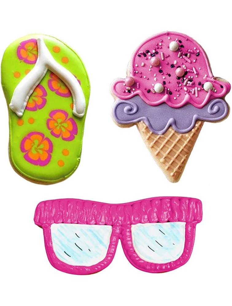 Ann Clark Cookie Cutters 3-Piece Summer Fun Cookie Cutter Set with Recipe Booklet Flip Flop Sunglasses Ice Cream Cone - BZKCGDZTM