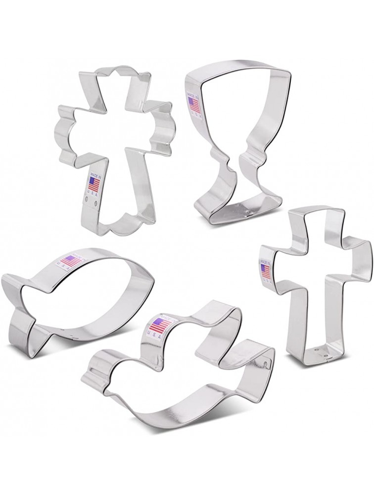 Communion Baptism Confirmation Easter Cookie Cutter Set 5-Piece Chalice Jesus Fish Holy Cross Dove Fancy Cross Recipe Booklet by Ann Clark - B63GXAOMU