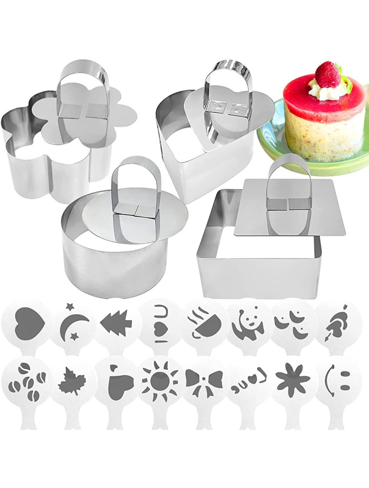 Daily Treasures 4 Pack Cooking Ring Set Stainless Steel Cake Rings with Pusher + 16 Pieces Printing Molds Stencils,Mini Round Cake Molds for Cooking Crumpets Eggs Pastry Mousse Desserts - BTY14D19Z
