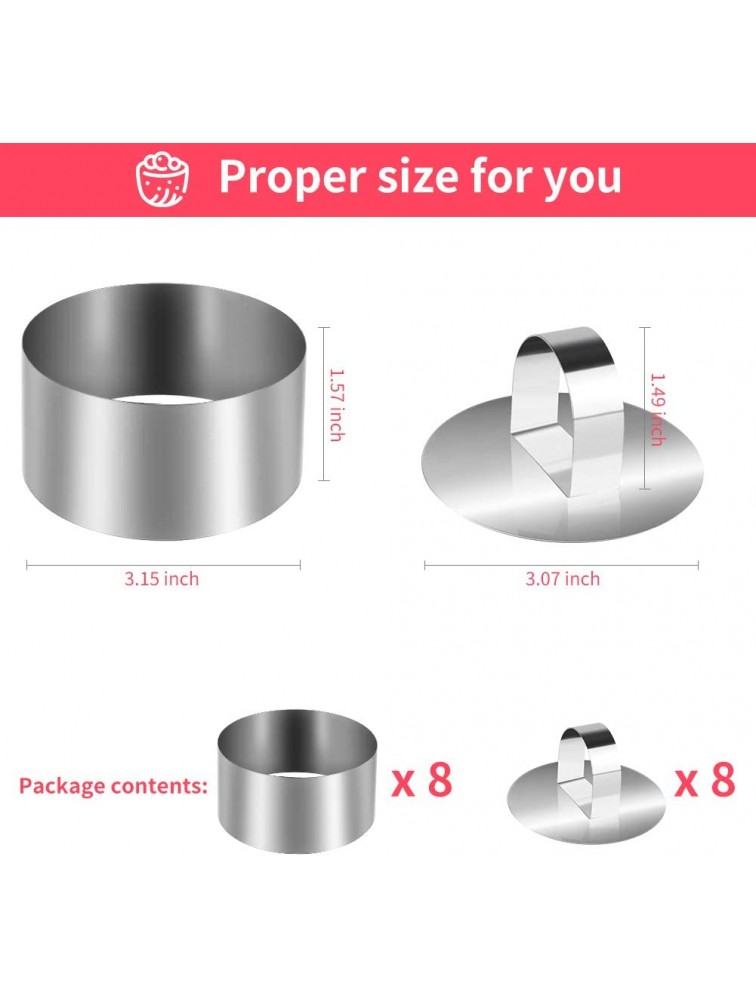 KKUYT Stainless Steel Small Cake Rings 8 Pcs Round Muffin Pastry Rings Mousse Cake Mold for Baking 3.15 Ring Molds for Cooking Pancake Biscuits Dessert Ring Set 8 Rings & 8 Pushers - BEUNZDCYF