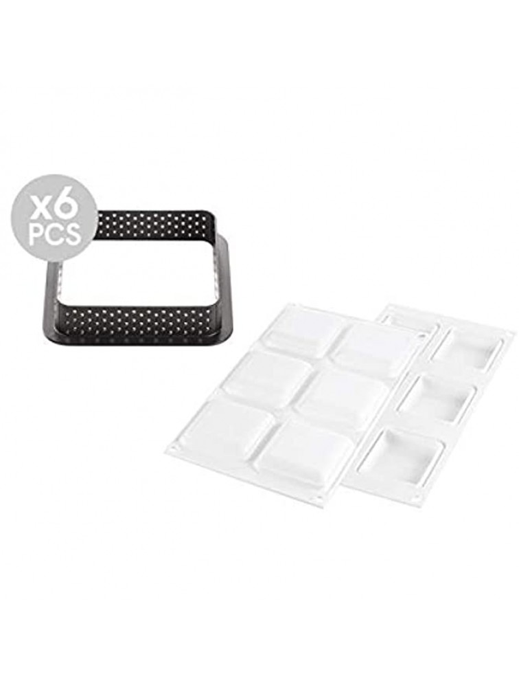 SilikomartKit Tarte Ring Square 80x80 Silicone Mold with 6 Cavities Each 2.63 Inch x 2.63 Inch x 0.59 Inch High Plus 6 Heat-Resistant Perforated Plastic Square Cutting Rings - B6P9J8M7I