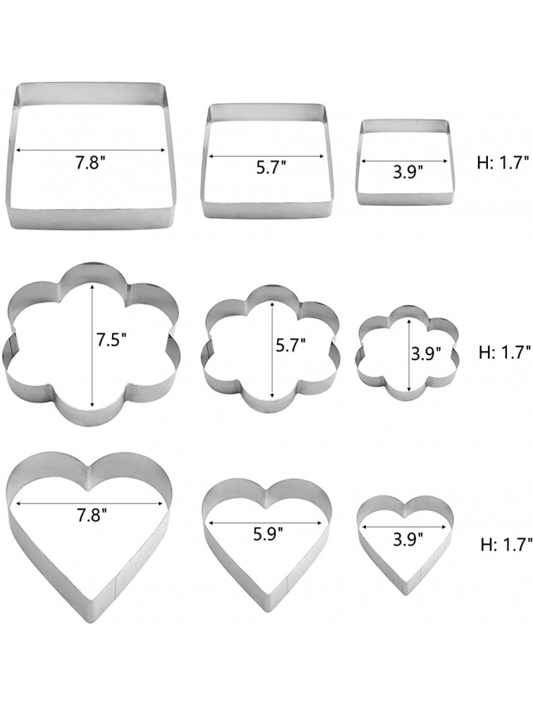 ZEAYEA 9 Pieces Cake Mold Ring Stainless Steel Mousse Molds in 3 Shape Flower Heart Square Cake Mold for Baking Christmas Wedding Anniversary Large Medium and Small Size - B807XOCXL