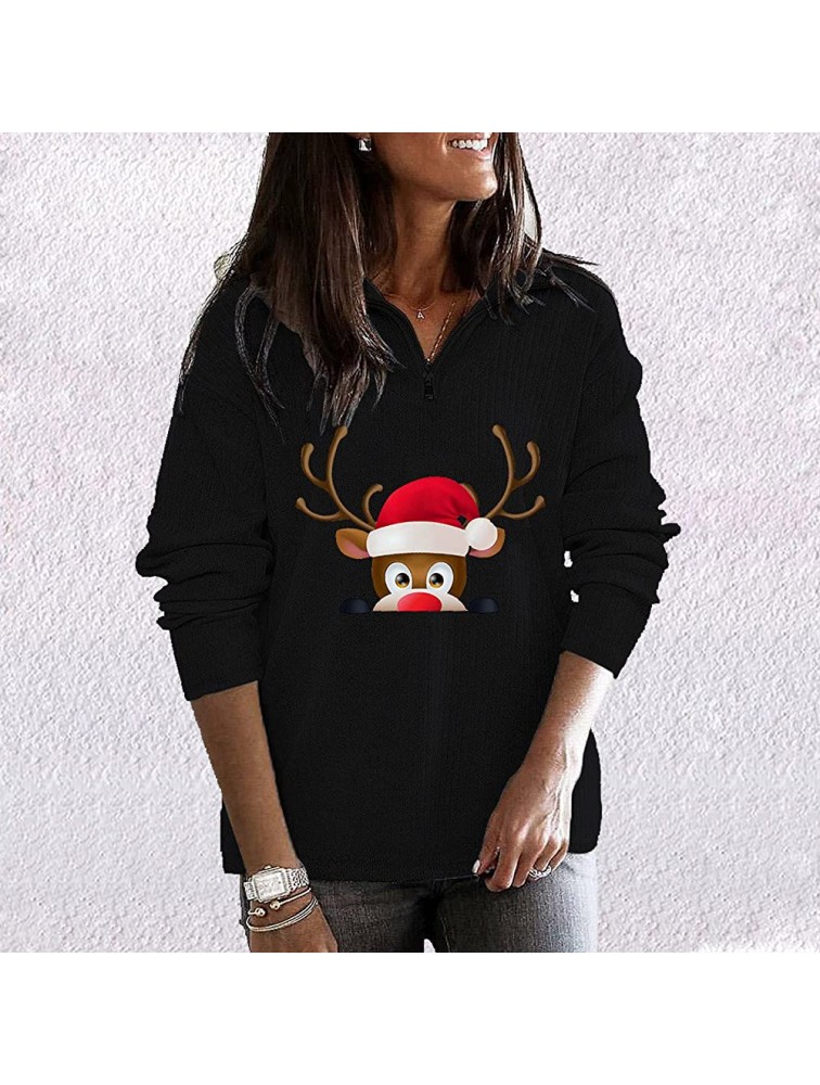 Christmas Women'S Gifts,Zip Turn-Down Collar Pullover Tops Festival Print Long Sleeve Winter Fleece Sweatshirt Ladies Blouse - BOJ5ITO3N