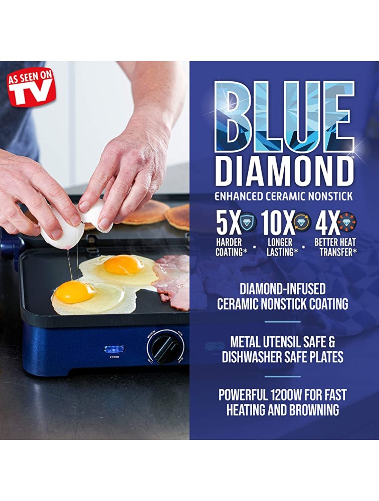 Blue Diamond Ceramic Nonstick Electric Contact Sizzle Griddle with Grill and Waffle Plates Open Flat Design Dishwasher Safe Removable Plates Adjustable Temperature Control PFAS-Free Blue - BDA50LN6O