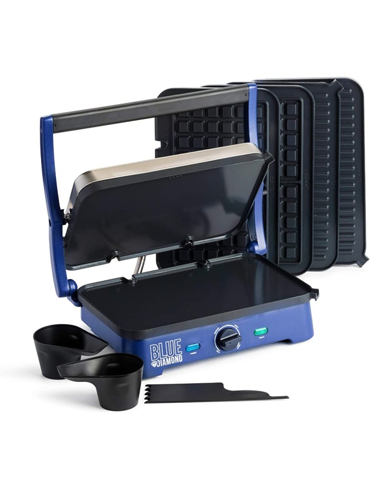 Blue Diamond Ceramic Nonstick Electric Contact Sizzle Griddle with Grill and Waffle Plates Open Flat Design Dishwasher Safe Removable Plates Adjustable Temperature Control PFAS-Free Blue - BDA50LN6O
