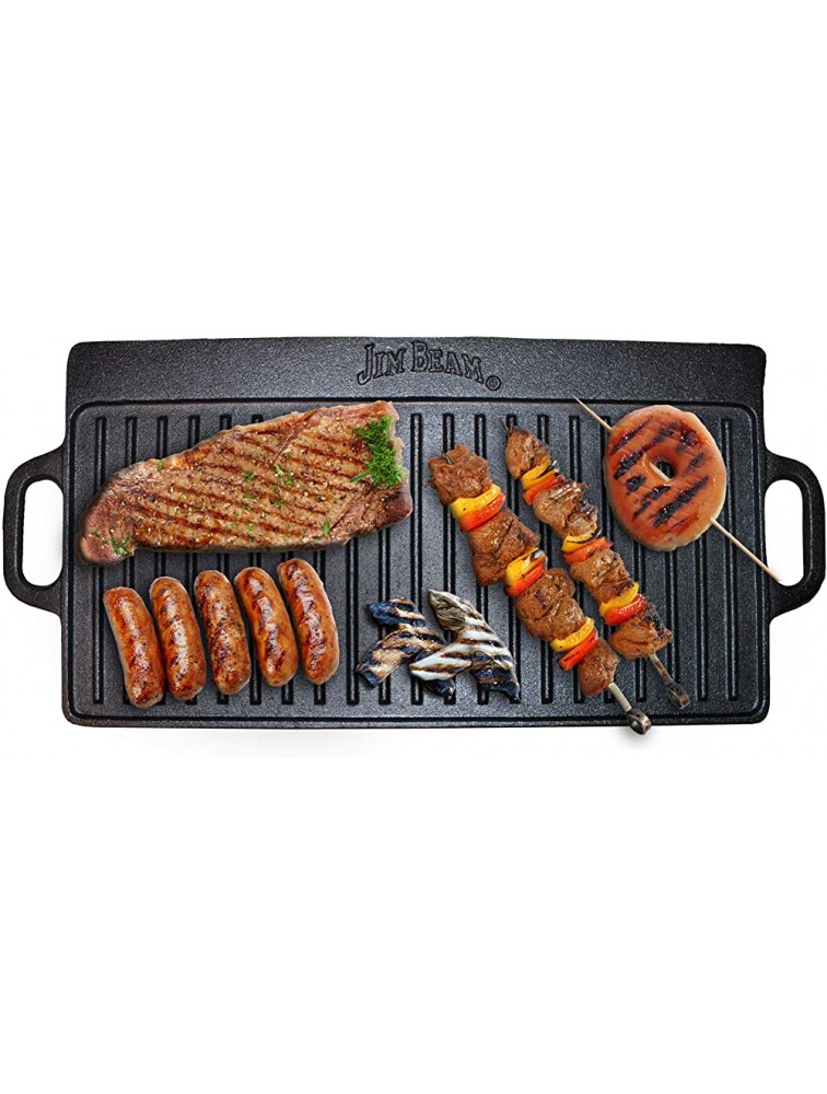 Jim Beam Skillet Pre Seasoned Heavy Duty Construction Double Sided Cast Iron Griddle Pan with Superior Heat Retention 20x1x9 Large Black,BBQ168 - BFCB3TFJ0