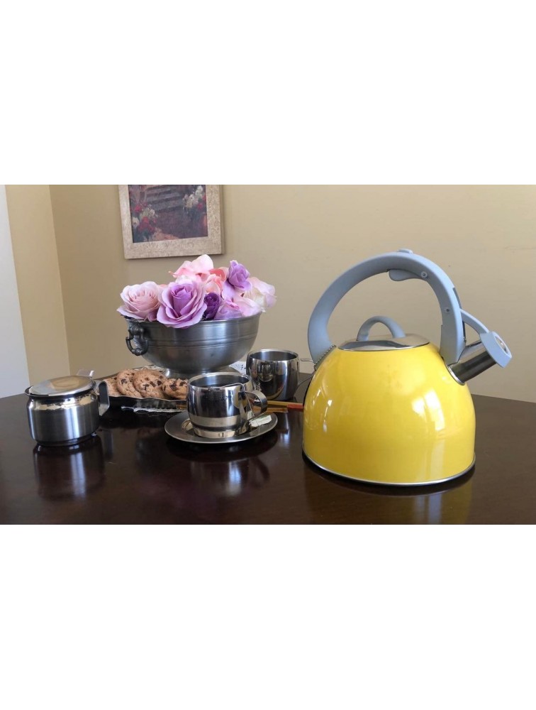 Eco- Friendly Tea Kettle for stove top 2.64 Quart Modern Yellow Enamel Finish Food grade Stainless Steel Teapot Anti-Hot Handle Anti-Rust Shiny Finish Stovetop Whistling Teapot Large 2.5 Liter - BLQMNLZEA