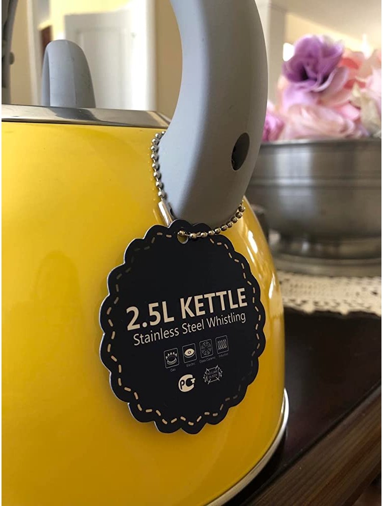 Eco- Friendly Tea Kettle for stove top 2.64 Quart Modern Yellow Enamel Finish Food grade Stainless Steel Teapot Anti-Hot Handle Anti-Rust Shiny Finish Stovetop Whistling Teapot Large 2.5 Liter - BLQMNLZEA
