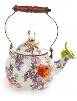 MacKenzie-Childs Flower Market Enamel Whistling Tea Kettle Decorative Teapot White - BSJ031DKE