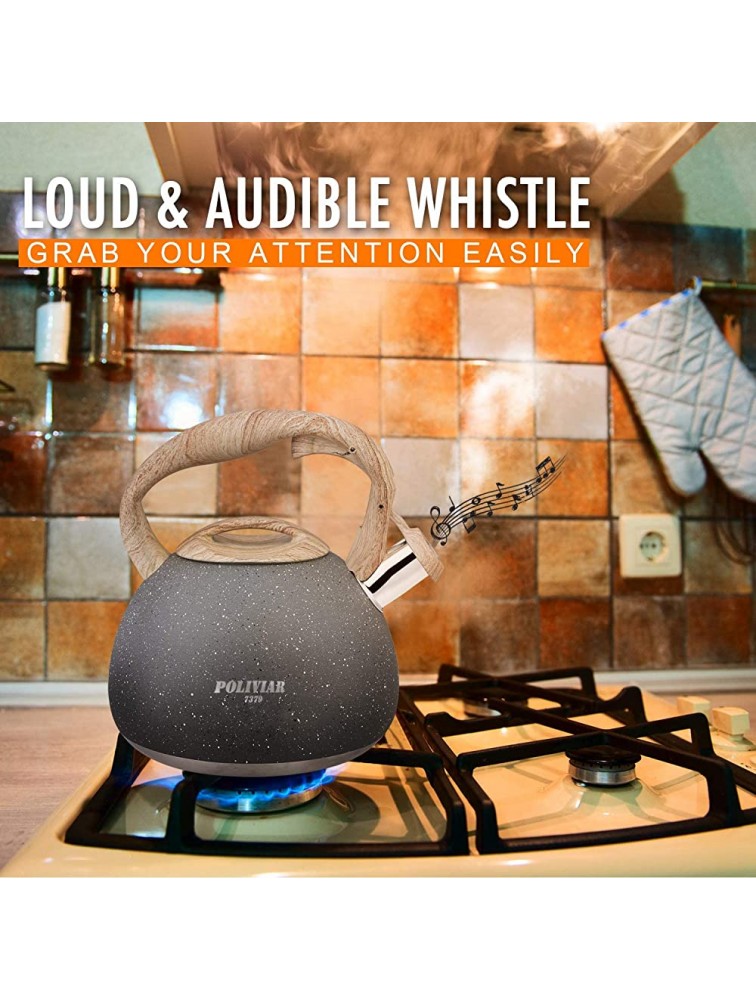 Poliviar Tea Kettle 2.7 Quart Natural Stone Finish with Wood Pattern Handle Loud Whistle Food Grade Stainless Steel Teapot Anti-Hot Handle and Anti-Rust Suitable for All Heat Sources JX2018-GR20 - B5M80QBCW