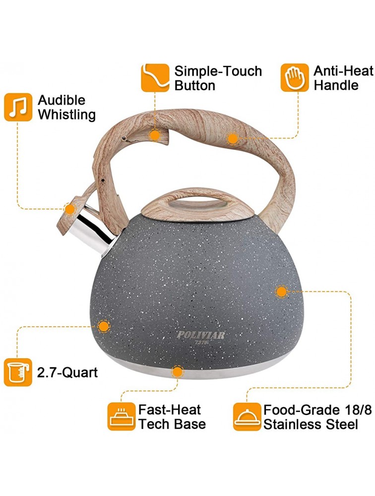 Poliviar Tea Kettle 2.7 Quart Natural Stone Finish with Wood Pattern Handle Loud Whistle Food Grade Stainless Steel Teapot Anti-Hot Handle and Anti-Rust Suitable for All Heat Sources JX2018-GR20 - B5M80QBCW