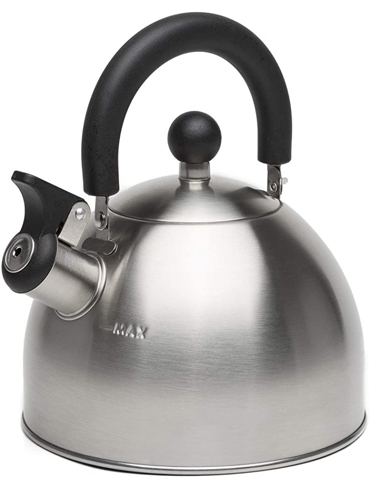 Primula Stewart Whistling Stovetop Tea Kettle Food Grade Stainless Steel Hot Water Fast to Boil Cool Touch Folding 1.5 Qt Brushed with Black Handle - BWGT0MYT1