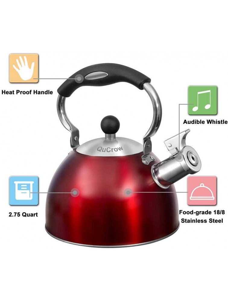 QuCrow Whistling Tea Kettle with Heat-Proof Handle Kitchen Grade Stainless Steel Teapot Stovetops 2.75 Quart Red - B730XNTPQ