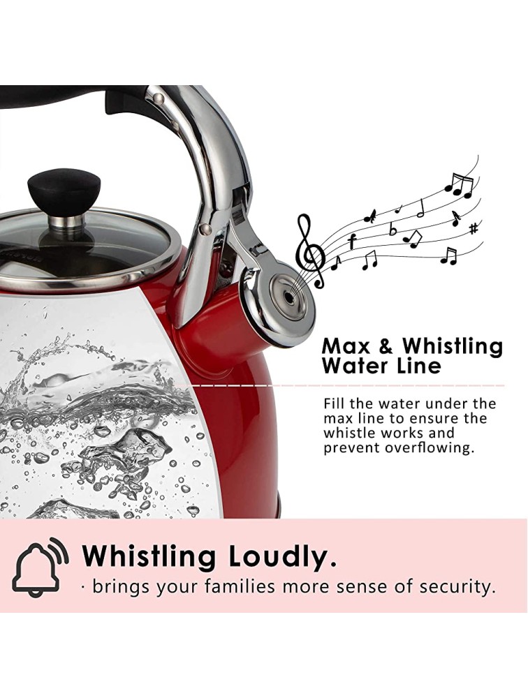 Rorence Whistling Tea Kettle: 2.5 Quart Stainless Steel Kettle with Capsule Bottom & Heat-resistant Glass Lid Red - BYC7NTFW3