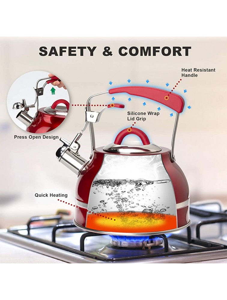 Secura Whistling Tea Kettle 2.3 Qt Tea Pot Stainless Steel Hot Water Kettle for Stovetops with Silicone Handle Tea Infuser Silicone Trivets Mat Red - BNBNH4F5G