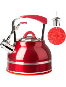 Secura Whistling Tea Kettle 2.3 Qt Tea Pot Stainless Steel Hot Water Kettle for Stovetops with Silicone Handle Tea Infuser Silicone Trivets Mat Red - BNBNH4F5G