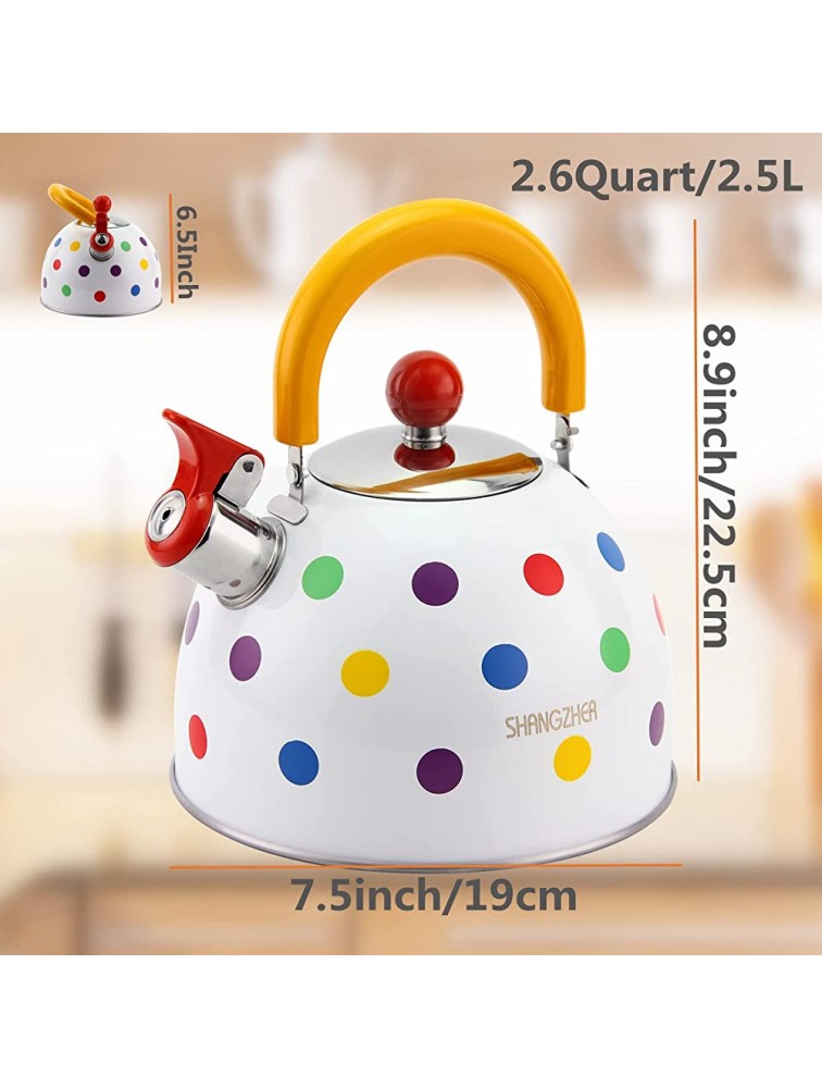 SHANGZHER Whistle Tea Kettle for Stove top 2.6-Quart Stainless Steel Induction Teapot with Cute Color Polka Dot Folded Handle Suitable for Home Kitchen Cookers - BKHAFEFUZ