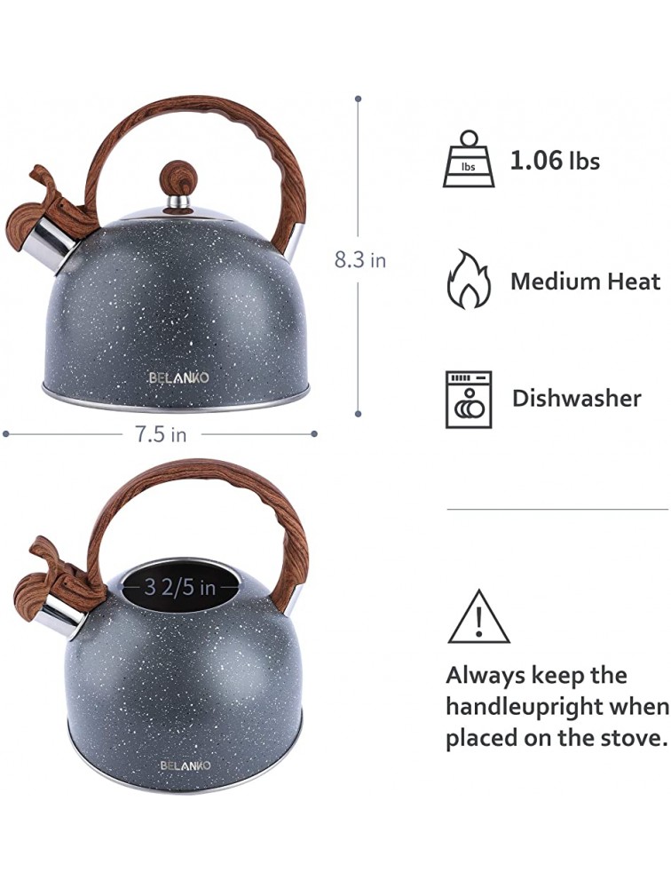 Tea Kettle 2.3 Quart 2.5 Liter BELANKO Stainless Steel Tea Kettles Food Grade Stovetops Tea pot with Wood Pattern Handle Loud Whistling for Tea Coffee Milk etc Gas Electric Applicable Gray - B63F5Q67X