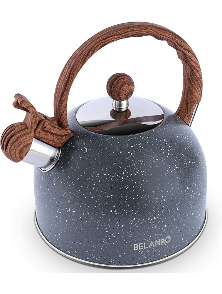 Tea Kettle 2.3 Quart 2.5 Liter BELANKO Stainless Steel Tea Kettles  Food Grade Stovetops Tea pot with Wood Pattern Handle Loud Whistling for Tea Coffee Milk etc Gas Electric Applicable Gray - B63F5Q67X