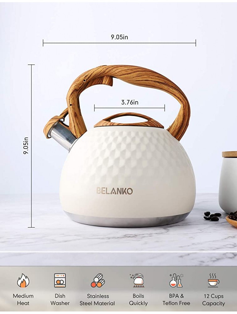 Tea Kettle 2.7 Quart 3 Liter BELANKO Stainless Steel Tea Kettles for Stove Top Food Grade Teapot with Wood Pattern Handle Loud Whistling for Coffee Milk etc Gas Electric Applicable Milk White - BNDIG74T0