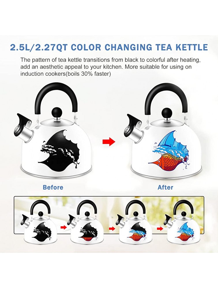 Tea Kettle Stovetop Loud Whistling Teakettle 2.5 Liter Color-Changing Whistle Tea Pot Water Kettle Food Grade Stainless Steel Stove Top Tea Pots with Heat Proof Cool Handle - BUA38WOVS