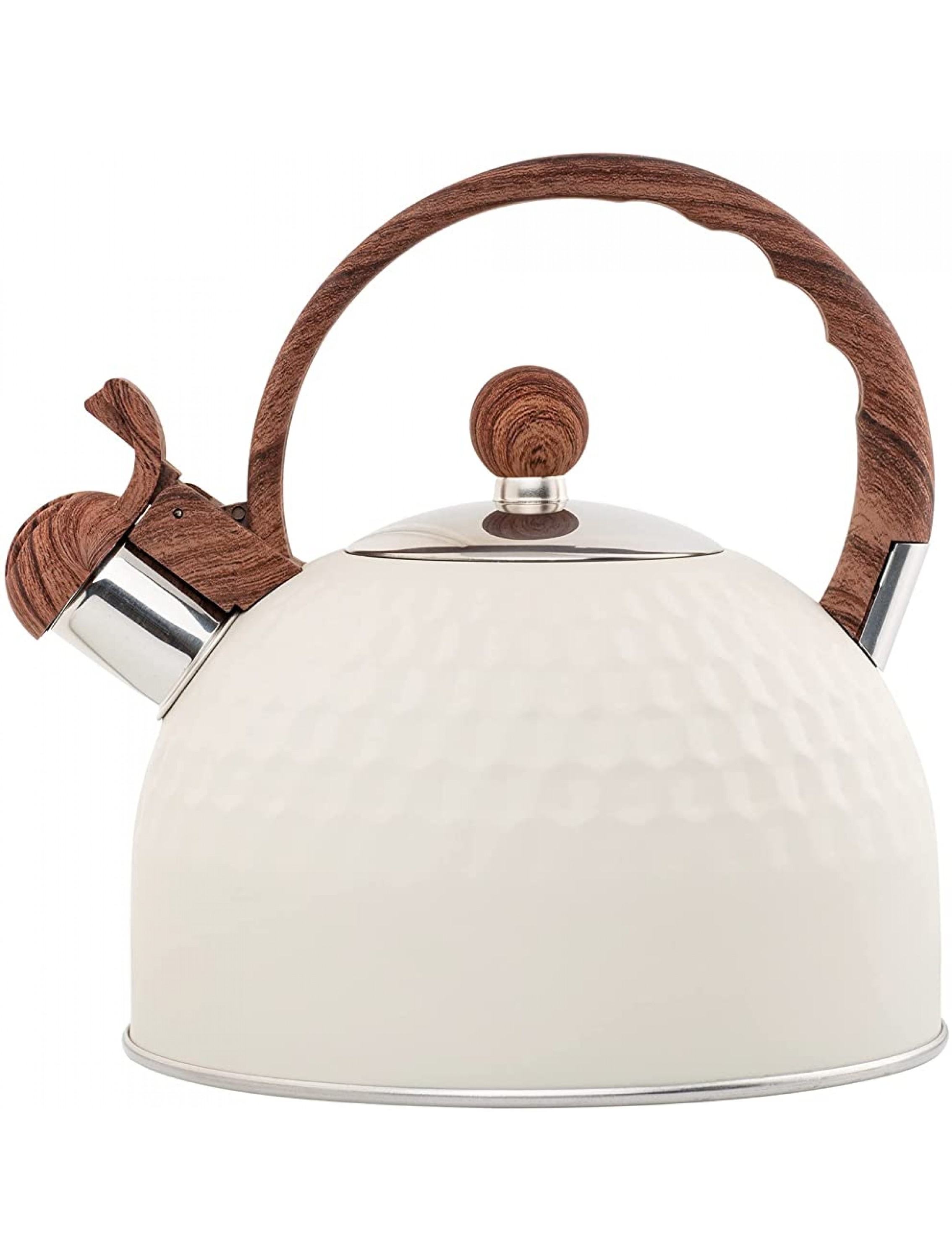 Whistling Stainless Steel Tea Kettle with Wood Grain Anti Heat Handle Cylindrical Wood Grain Stainless Steel Cover 2.6 Quart 2.5 Liter White - BQQSYKW9F