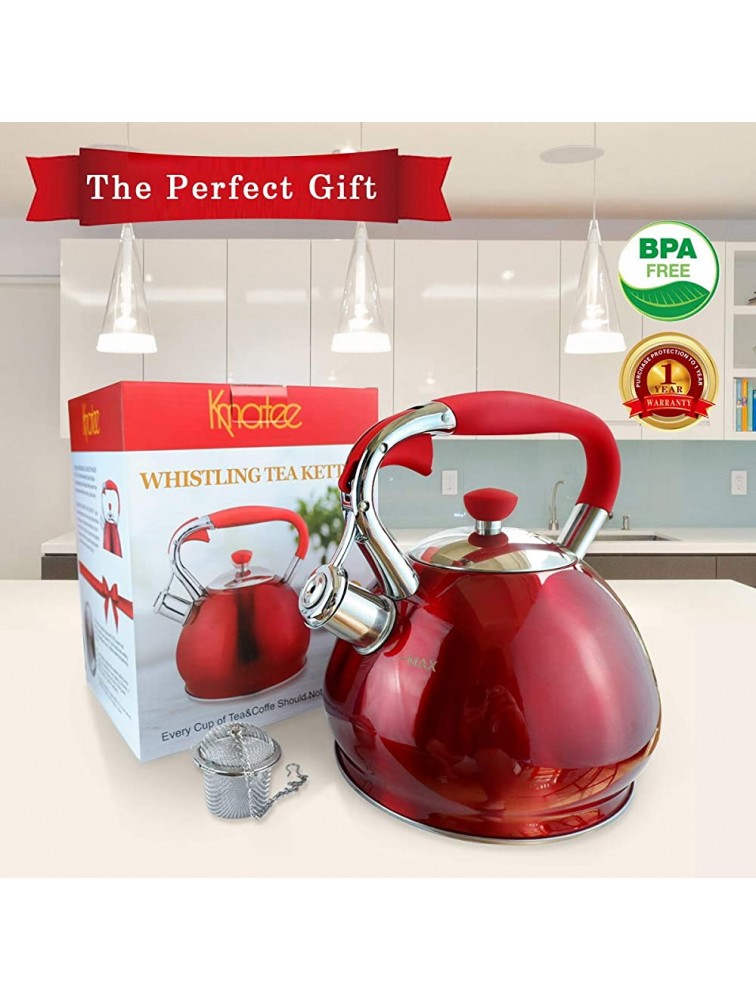 Whistling Tea Kettles Stovetop with Boils Faster Bottom,Surgical Brushed Stainless Steel Finish Whistling Teapot Induction 3 Quart,1YR Warranty 1 Tea Maker Infuser Included by Kmatee,Red - BVOK68WOX