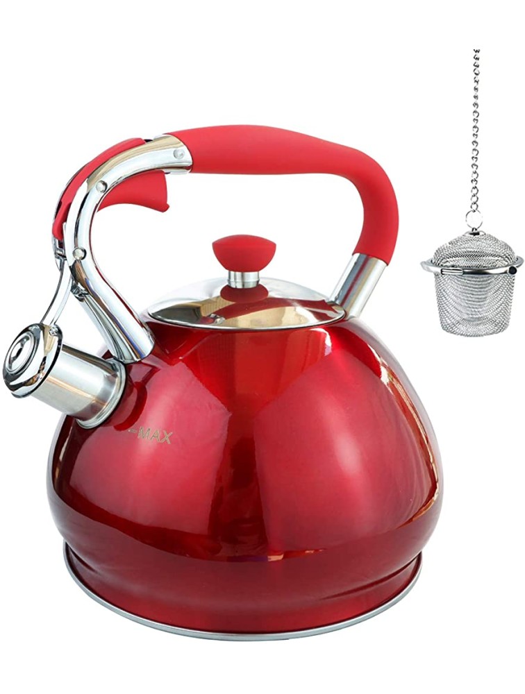 Whistling Tea Kettles Stovetop with Boils Faster Bottom,Surgical Brushed Stainless Steel Finish Whistling Teapot Induction 3 Quart,1YR Warranty 1 Tea Maker Infuser Included by Kmatee,Red - BVOK68WOX
