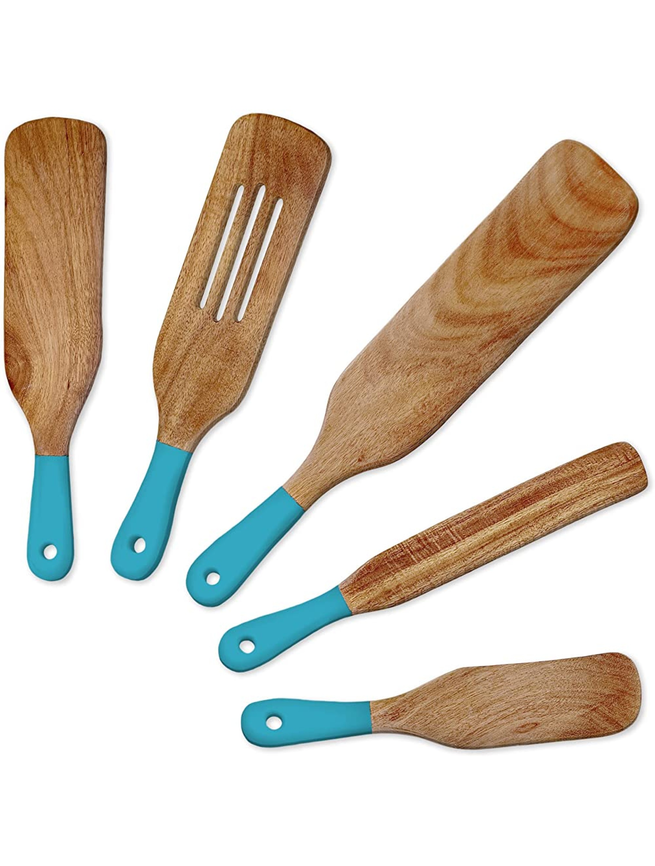 5 PC Modern Spurtle Set as Seen On TV Natural Teak Wood Spurtles Kitchen Tools Wooden Spurtle Set for Nonstick Cookware Heat Resistant and Non Stick. Teal - BSPII36KO