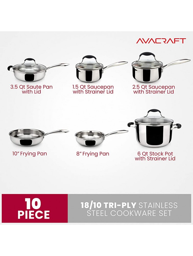 AVACRAFT 18 10 Stainless Steel Cookware Set Premium Pots and Pans Set High Quality Kitchen Essentials for cooking Multi-Ply Body Stainless Steel Pan Set 10-Piece Sets - BTYYQ5WI2