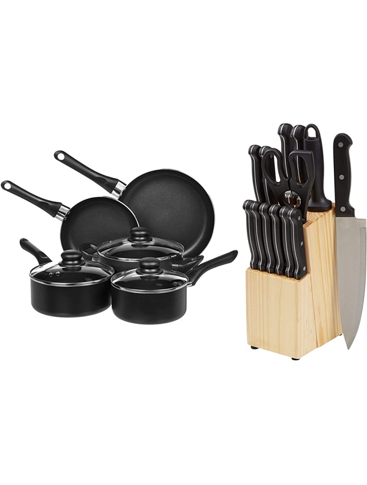 Basics Non-Stick Cookware Set Pots and Pans 8-Piece Set & 14-Piece Kitchen Knife Set with High-Carbon Stainless-Steel Blades and Pine Wood Block - BY1ZV613W
