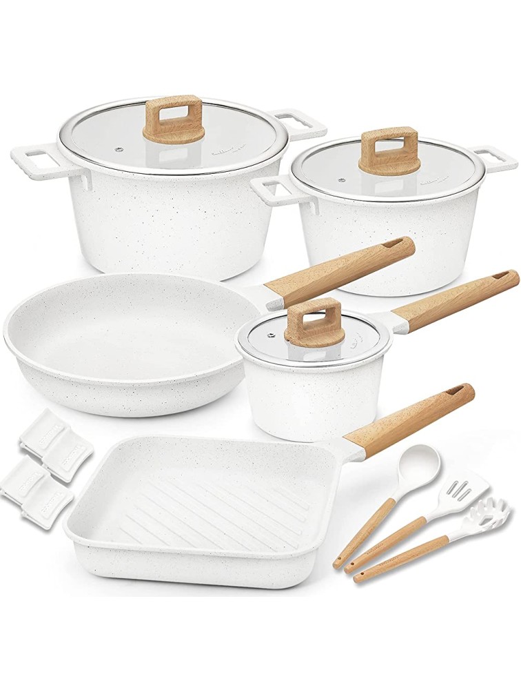 Cookware Set Non-Stick Dishwasher Safe Induction Pots and Pans Set with Cooking Utensil IN-Pack 15-White - BVWJYOZ1Z