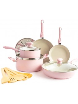 Diamond Healthy Ceramic Nonstick Cookware Pots and Pans Set 14 piece Pink - B4LO40CJU