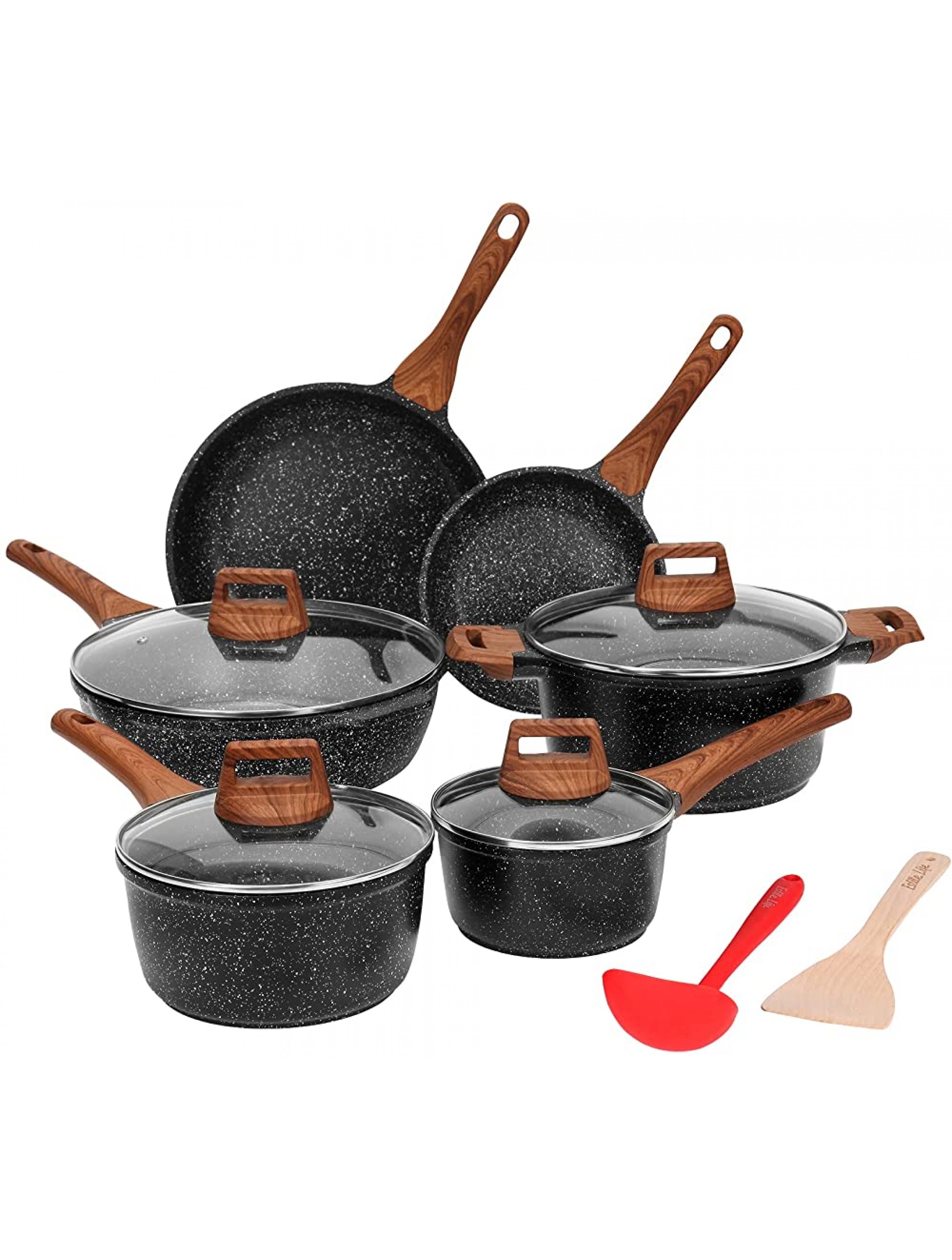 ESLITE LIFE Nonstick Granite Cookware Sets 12 Pcs Pots and Pans Set Stone Kitchen Cooking Set Induction Compatible PFOA & PTFEs Free Black - BUT0RD9K1