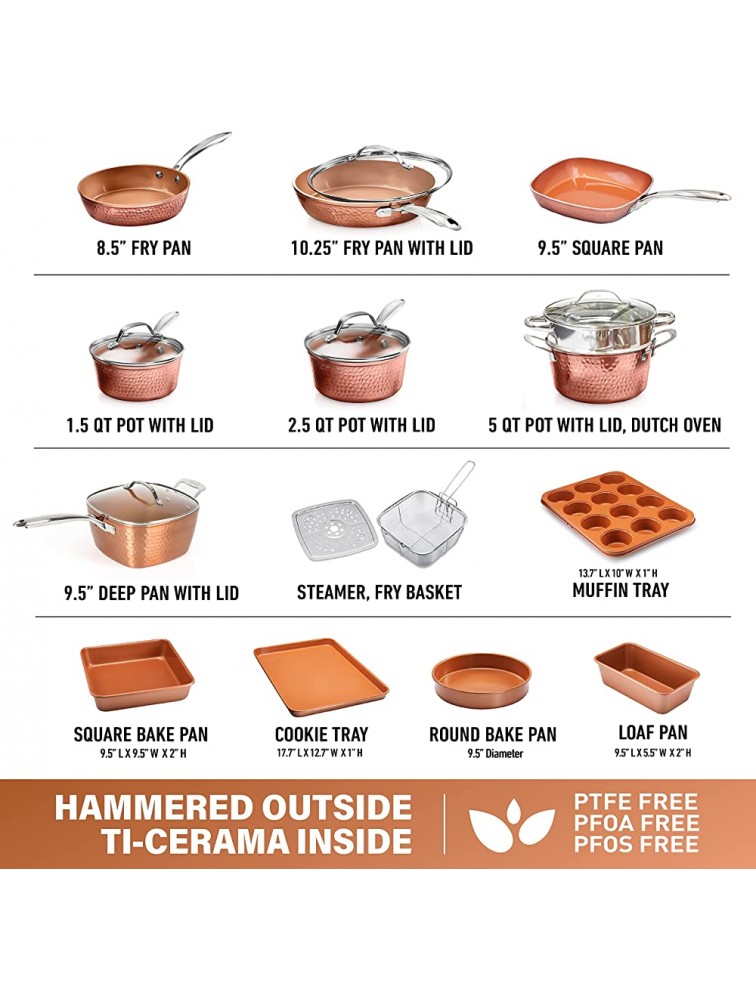 Gotham Steel Hammered Copper Collection – 20 Piece Premium Cookware & Bakeware Set with Nonstick Copper Coating Includes Skillets Stock Pots Deep Square Fry Basket Cookie Sheet and Baking Pans - BF5X336D8