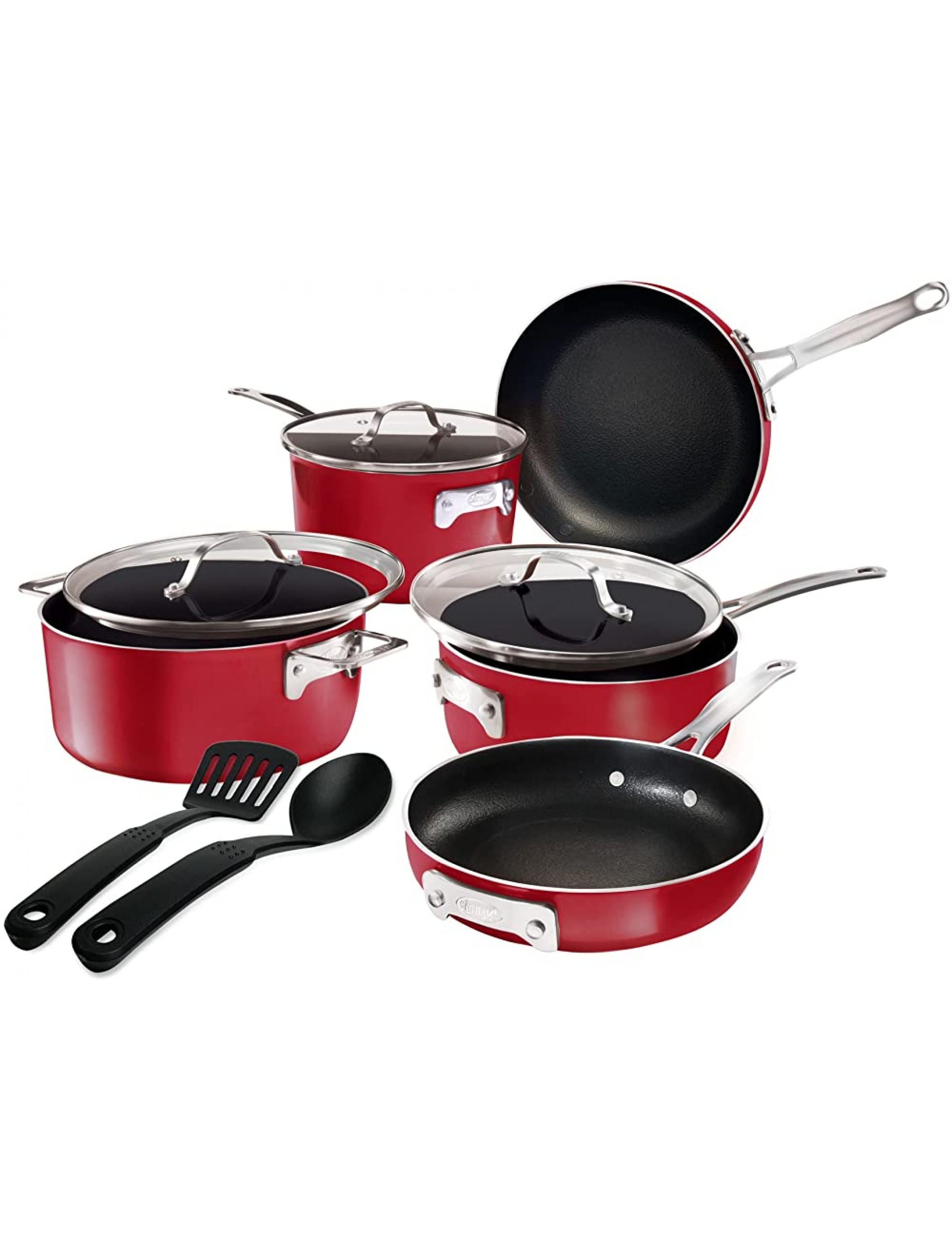 Gotham Steel STACKMASTER Pots Stackable 10 Piece Cookware Set Ultra Nonstick Cast Texture Coating Includes Fry Pans Red - BO46I3PI7