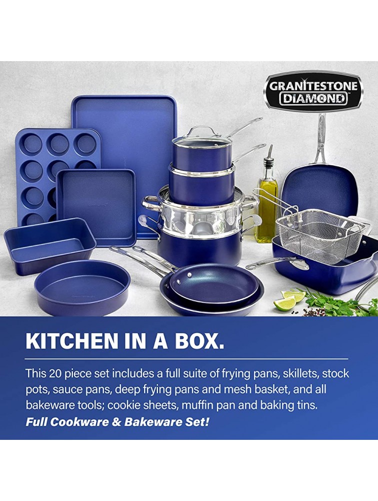 Granitestone Blue 20 Piece Pots and Pans Set Complete Cookware & Bakeware Set with Ultra Nonstick Durable Mineral & Diamond Surface Stainless Stay Cool Handles Oven & Dishwasher Safe 100% PFOA Free - BK0ZNO4EU